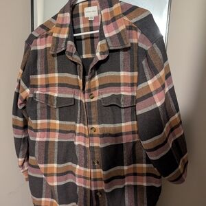 American Eagle Outfitters Plaid Button-Down Shirt Jacket in Charcoal, Pink & Tan